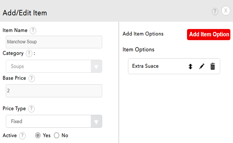 Set your menu item options